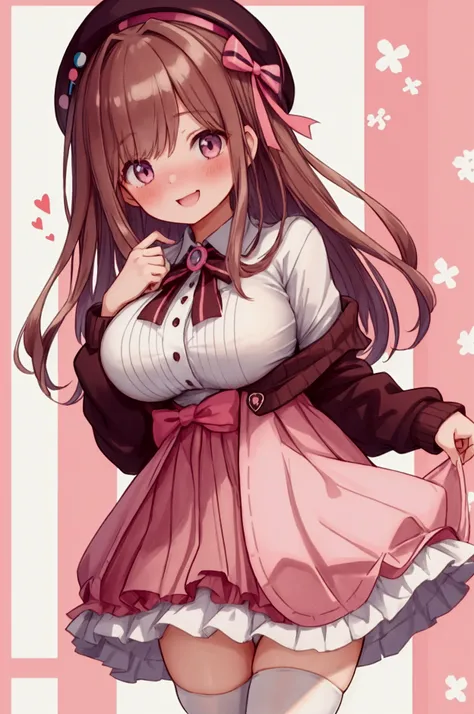 girl,Lulu Suzuhara、Brown Hair、Beret、smile、Embarrassed、Large Breasts、skirt lift、 pink panties, High Resolution ,High image quality,