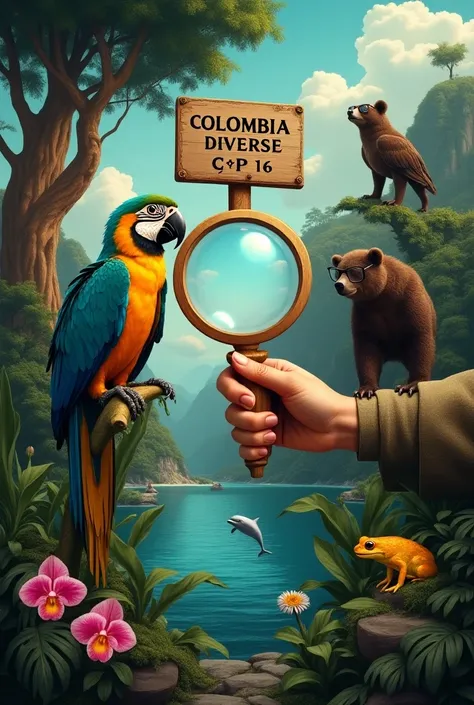 TWO MACAWS on a FRAILEJON, looking forward through a magnifying glass in the hand ,  on his right a bear with glasses standing on the frailejon and on his left a pink dolphin in the sea,  in the back a landscape with orchids, various Colombian birds and a ...