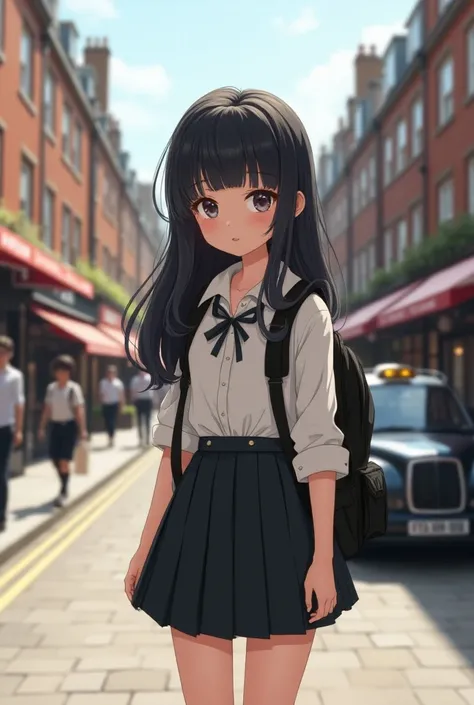 A girl has big eyes, long straight black hair and bangs, wearing preppy style clothes and carrying a school backpack. A London street background.