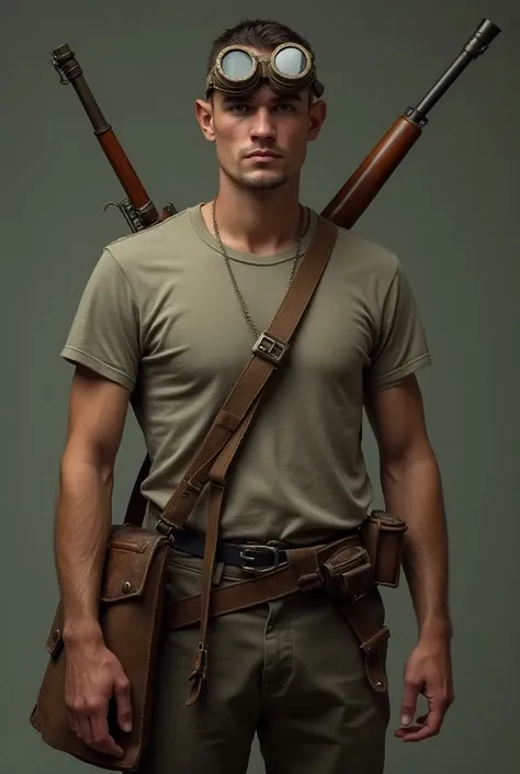  A thin and muscleless carpenter from medieval times in his 40s with a rifle on his back and a crossed bag 
Make him a little younger and leaner 
Put some sniper goggles on him
Make the oldest sniper goggles,  put a t-shirt on him and he only has a rifle ,...