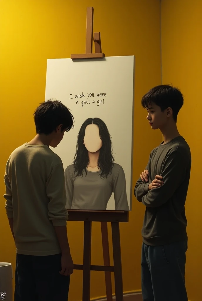 Draw two teenage boys in a room with yellow walls one of the boys you can only see his back side as he’s painting a woman on a canvas the woman’s face is blank just has the words “I wish you were a girl” the other boy is slightly behind the painting with i...