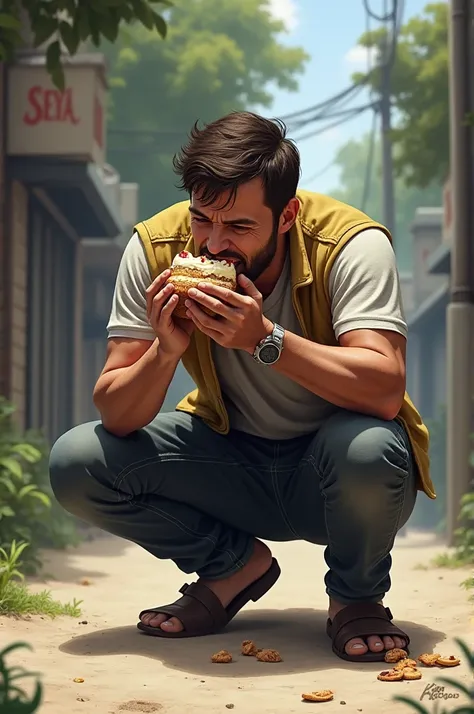 Crouched man eating a cake