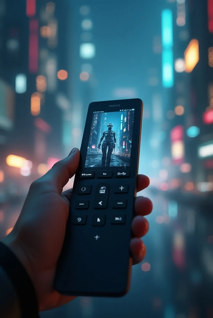 Image of a television remote control with a wide screen futuristic cyber space Android inside the cyber space remote control Android in the hand of a human person 