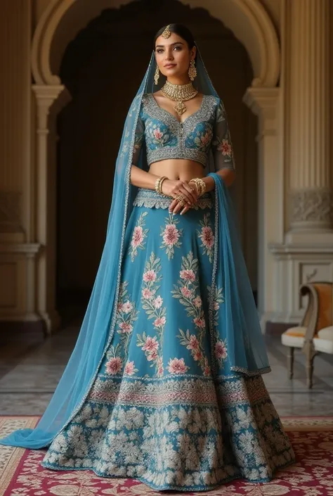 Royal Crepe floral lehanga with blue embroiderry blouse with blue duppata