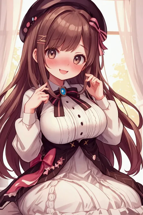 girl,Lulu Suzuhara、Brown Hair、Beret、smile、Embarrassed、Large Breasts, High Resolution ,High image quality,