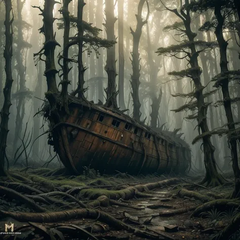 a rusting abandoned ship in a dense forest, surrounded by pythons, highly detailed, 8k, photorealistic, detailed weathered metal, twisted vines, overgrown forest, moody lighting, dramatic shadows, realistic textures, stunning scenery, cinematic composition...