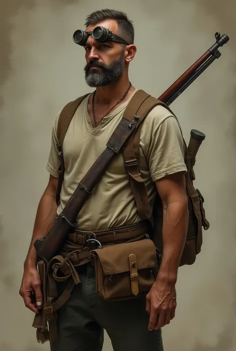  A thin and muscleless carpenter from medieval times in his 40s with a rifle on his back and a crossed bag 
Make him a little younger and leaner 
Put some sniper goggles on him
Make the oldest sniper goggles,  put a t-shirt on him and he only has a rifle ,...