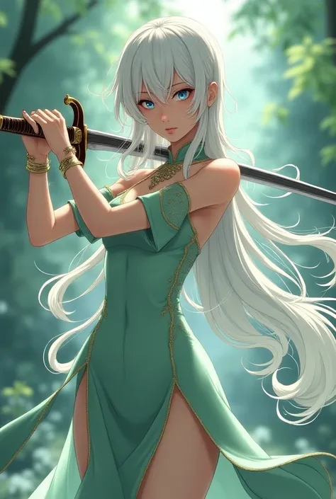 Anime, woman, Vintage Chinese Dress ,Long hair,  blue eyes , White hair, 
Light green dress,
,Holding a sword, Long-range view, ,See thigh , Seeing the belly,See the butt,