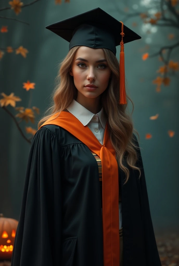 Girl in graduation attire but with something related to Halloween 