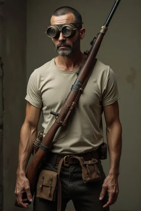  A thin and muscleless carpenter from medieval times in his 40s with a rifle on his back and a crossed bag 
Make him a little younger and leaner 
Put some sniper goggles on him
Make the oldest sniper goggles,  put a t-shirt on him and he only has a rifle ,...