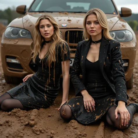 A extremely real photo of two fashionable slender European race business ladies(blonde and brunette) with model appearances with long cascaded hair, their black business pencil skirt suit made from cotton fabric covered in liquid mud, saliva, mud, milk, fo...