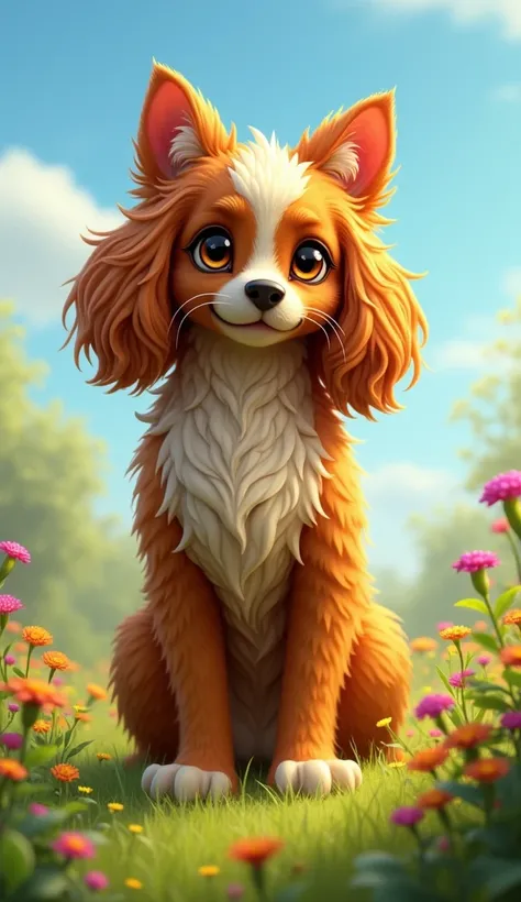 "A hybrid of a Cocker Spaniel and a Norwegian Forest Cat stands confidently side by side in a lush green meadow filled with colorful wildflowers under a clear blue sky. The animal exhibits a charming blend of both parent breeds, with the Cocker Spaniels lo...