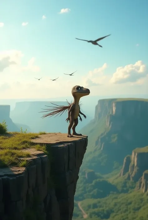 Dino’s First Attempt to Fly: Dino on the edge of a cliff, wearing makeshift wings made of tree branches tied together. His expression shows both determination and nervousness. The background features a vast green valley below, with a clear blue sky and dis...