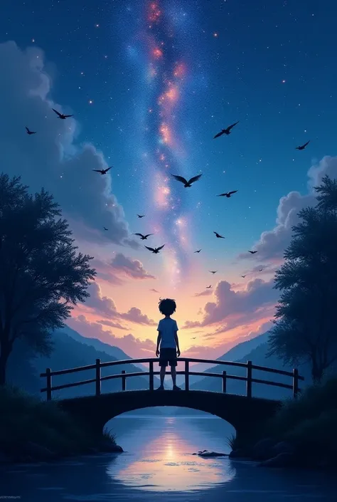 A boy stands on a beautiful bridge and looks at the night sky. Red blue rainbow, night birds are flying, thousands of them fair. 