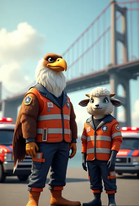 Two corporate mascots, an eagle and a sheep wearing paramedical rescuer uniforms, with an ambulance and a rescue truck in the background and a suspension bridge in the background. 