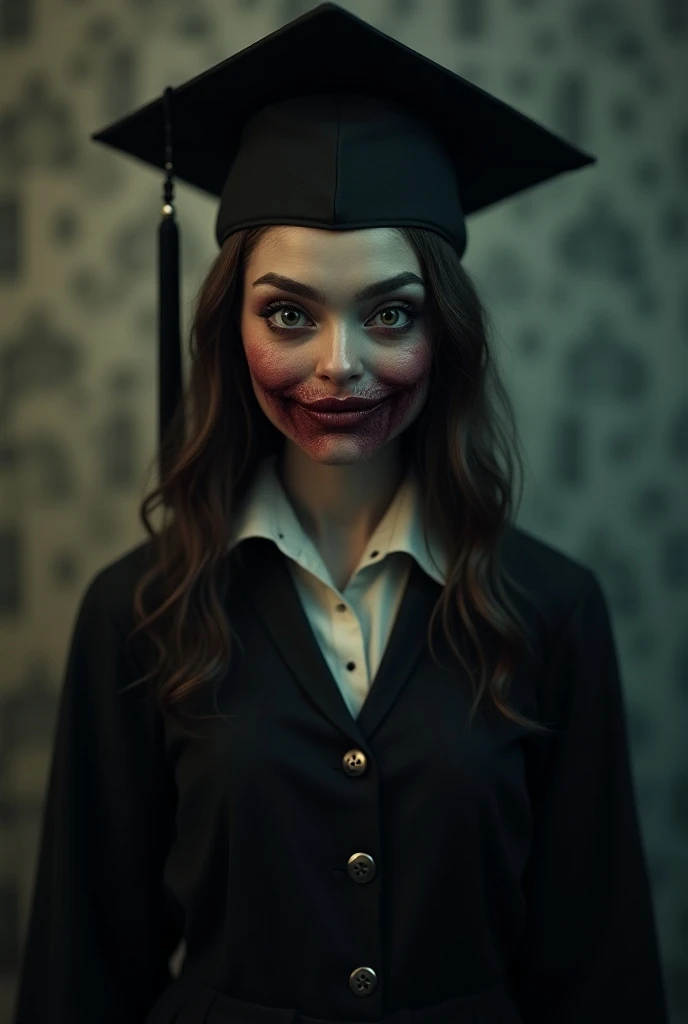 Girl in graduation attire but with something related to Halloween. Like, your expression should be scary.