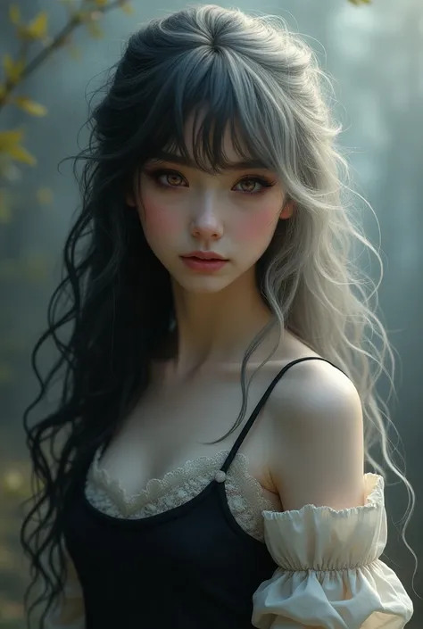 beautiful white-skinned girl, dreamy crimson eyes ,   with long wavy black and white hair, medieval dress