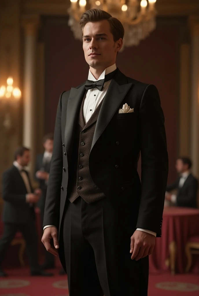 Late 19th century mens ballroom suit in full height and to look straight ahead and the background at the ball