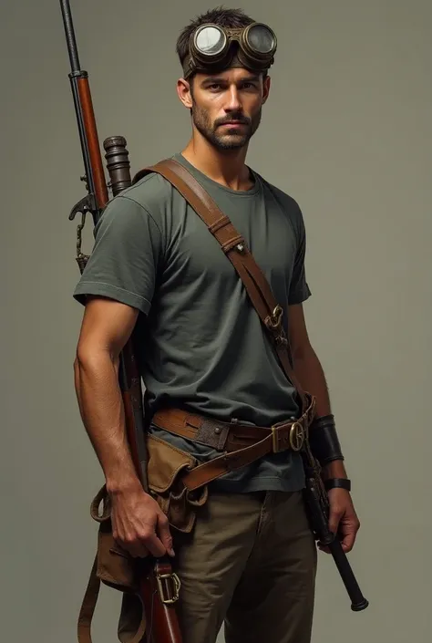  A thin and muscleless carpenter from medieval times in his 40s with a rifle on his back and a crossed bag 
Make him a little younger and leaner 
Put some sniper goggles on him
Make the oldest sniper goggles,  put a t-shirt on him and he only has a rifle ,...