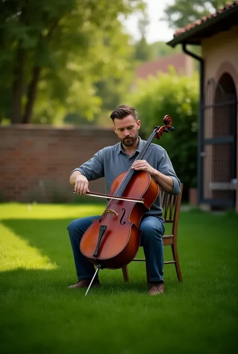 A portrait photo of a man playing the cello in the backyard of his home in Pergamino. The man is sitting on a simple chair in a relaxed posture, focusing deeply on his performance. The yard has a long stretch of green grass extending into the background. A...