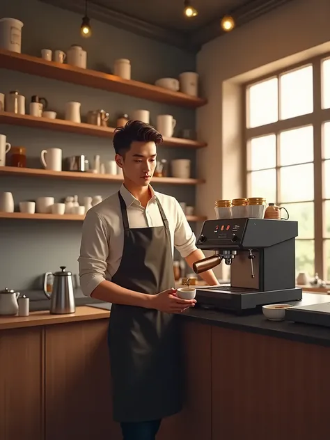 A very handsome, tall, and neat 28-year-old Malay man working as a barista, wearing a clean and stylish apron over a casual shirt. He is standing confidently behind a barista table with a sleek coffee machine, skillfully preparing a cup of coffee. The sett...