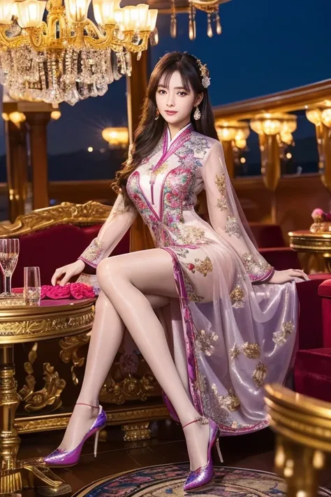 Super delicate face、Ultra-detailed eyes and face、double eyelid、 shiny lips、(Full Body Portrait)、(long hanfu dress with colorful and intricate embroidery:1.2)、((Silk Pantyhose))、High heels、1 girl 、You can see her beautiful long hanfu dress and high heels、( ...