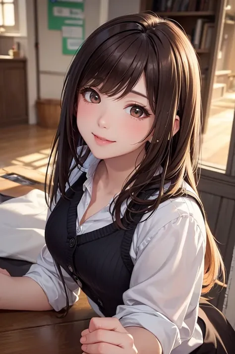 ( Best Quality, High Resolution ,8k,inelity detailed background, Masterpiece:1.2),beautiful girl,(Shiny brown hair:1.3),(long hair:1.2) messy hair, beautiful brown eyes,autumn,school uniform,Cardigan,miniskirt,black tights,(zettairyoiki:1.2),Gentle look,A ...