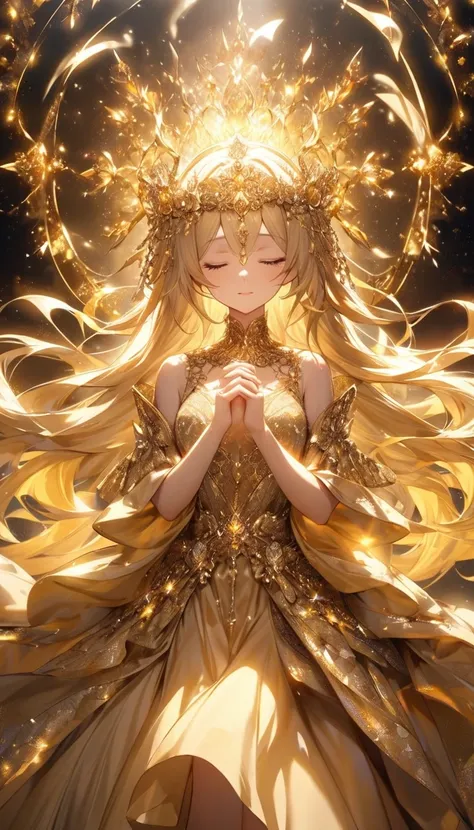 A serene, ethereal woman with long, flowing golden hair is clasping her hands together in a prayer-like gesture. She is surrounded by soft golden light, sparkling particles, and wearing a luxurious gold gown adorned with intricate floral patterns. Her eyes...