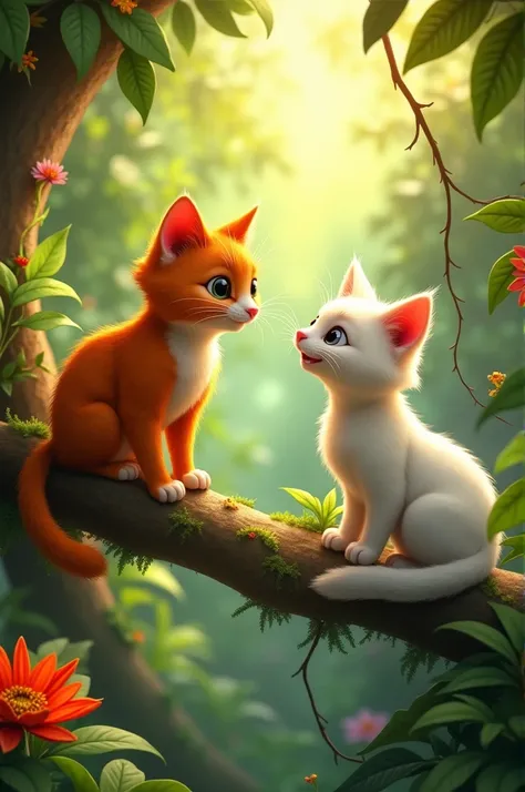 **Image Prompt:**

A vibrant jungle scene featuring two cats. On the left, a mischievous, slightly scruffy-looking orange cat named Bhola, perched high on a tree branch with a playful expression. On the right, a graceful white cat named Chhaya, elegantly s...