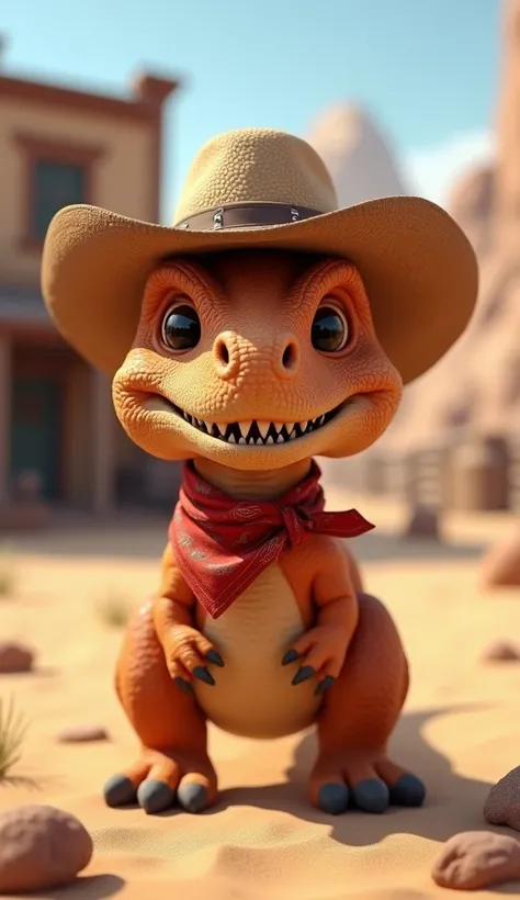 an adorable and fluffy adult dinosaur, cowboy, bandana over mouth, western, desert, with a western village and saloon, sandstorm, old revolver, bright sky, with blur background, high quality, 8k