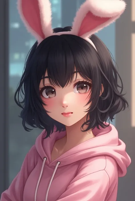 anime, beautiful asian girl, black hair, voluminous black eyelashes, detailed, pink hair, shy, pink fluffy bunny ears, very detailed, pink sweater hoodie, no bangs