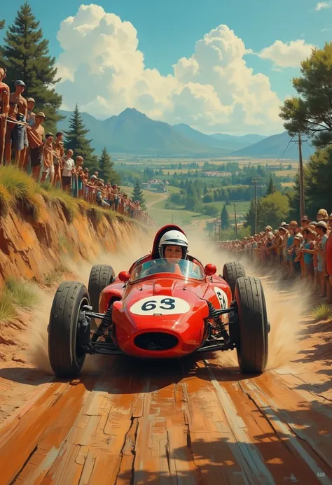 In a bend of a very narrow country road we see speeding at great speed on a beautiful red vintage racing car with the powerful engine and uncovered, the beautiful rally champion Janna vintage, is first after that curve will win the world, the tension is ev...