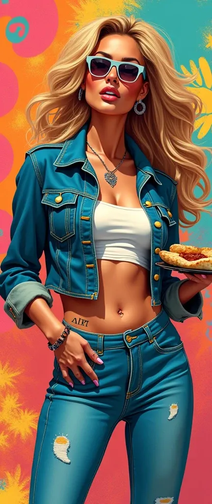  CREATE AN ART OF AN AMERICAN WOMAN OF THE YEAR 2000 WITH CLOTHES AND ACCESSORIES (PANTS BELOW THE NAVEL )  THIS YEAR HOLDING AN AIR FRYER , well illustrated , Creating Consumer Desire , WITH A FLASHY BACKGROUND BASED ON THE MAGAZINES OF THE TIME