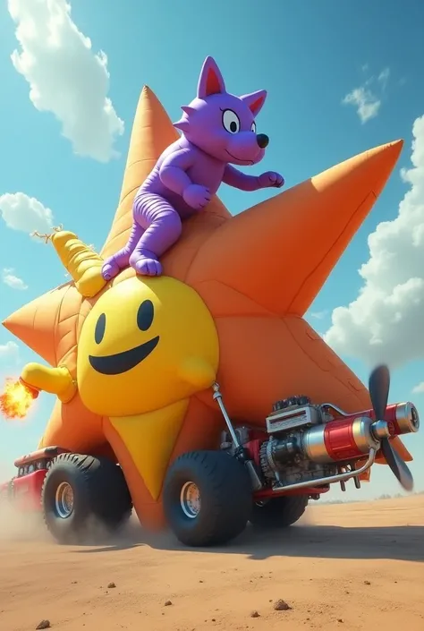 Purple inflatable wolf riding on a Huge inflatable Mario themed star from super Mario with Diesel exhaust pipes on the inflatable star revving very extremely loud engine roar emitting diesel smoke Accelerating the huge inflatable star With A Dragster tire ...