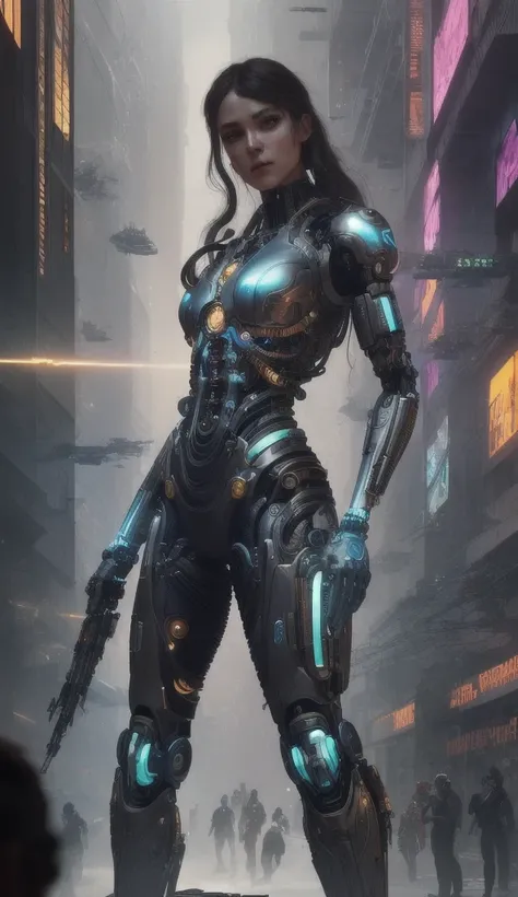 ultra realistic, beautiful female cyborg in a crowded smoky cyberpunk club in space megalopolis, sci-fi, intricate details, eerie, highly detailed, octane render, 8k, art by artgerm and alphonse mucha and greg rutkowski