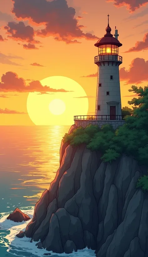 An anime illustration. A lighthouse on a rocky cliff overlooking the ocean at sunset. The lighthouse is made of stone and has a pointed roof with a small chimney on top. The sky is a beautiful orange and yellow color, with the sun setting in the background...