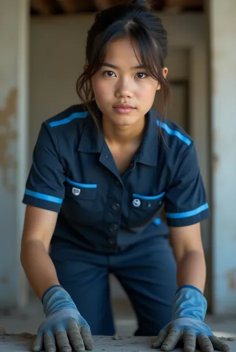 Beautiful Latin American girl with tied hair , uniform dark blue cleaning clothing with lines in the uniform color cyan, holding a construction or construction cleaning tool and showing the works you are cleaning the dirt 
