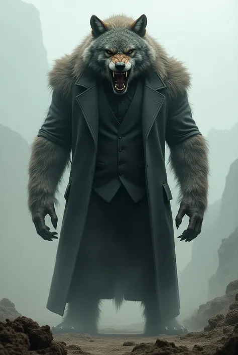 A beast that is a wolf and that is very big with clothes 
