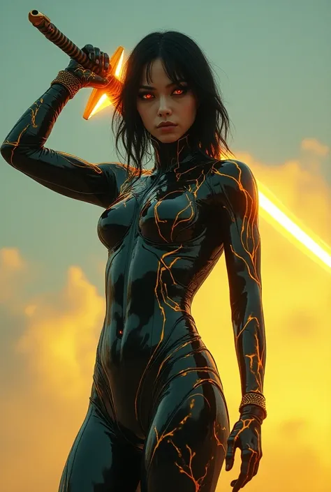 Yellow and blue sky . world futurism. femme avec une épée qui illumine sur la lame. visage large et ovale, orange eyes, thick black hair. wearing a black biomechanical jumpsuit,  connecting with cables . formed by a black liquid, donnant des spirale et lig...