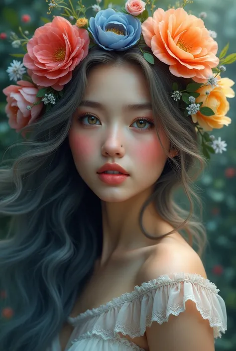 A beautiful girl with multi-colored hair and flowers
