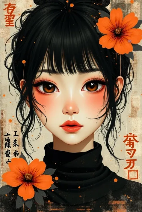 Asian woman, beautiful face, black and orange color tones, wabi-sabi art, abstract , punk collage , urbanpunk, flowerpunk, random textures, random graffiti strokes, kanji characters, surreal artwork, Impermanence