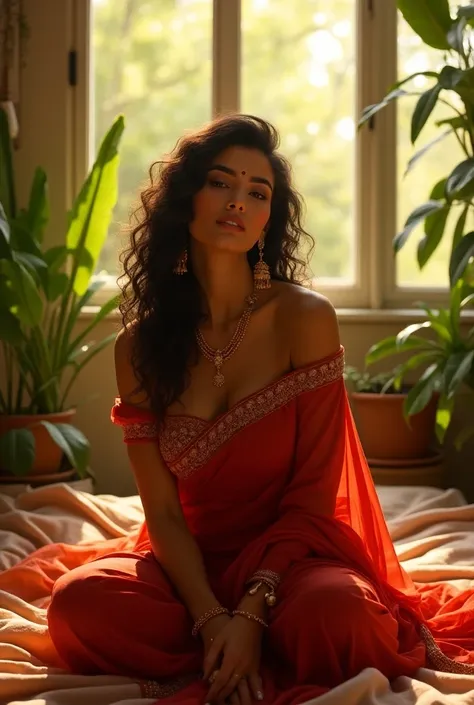 (photorealism:1.2), beautiful indian woman, sitting on bed, wearing off-shoulder blouse with red saree, matching indian light jewelry, long curly hair, indoors, soft lighting, plants in background, window with sunlight, cozy room, relaxed pose, realistic, ...