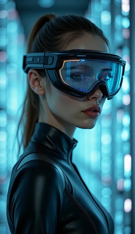 (masterpiece:1.2,Distinguished Quality,Mirror-like,Cinematic Experienc),8k,wallpaper,Ray Tracing,(woman),Are standing,(美しいwoman,sexy),(Wearing futuristic cyber goggles:2.0,Data displayed on goggles:2.0,Detailed drawing of goggles:2.0),(A face with attentio...