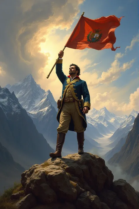  The representation of Simon Bolivar standing , looking at a landscape of high mountains , under a sky with clouds,  while holding a flag or symbol of freedom. On the horizon,  a swirl of clouds that suggests a vortex .