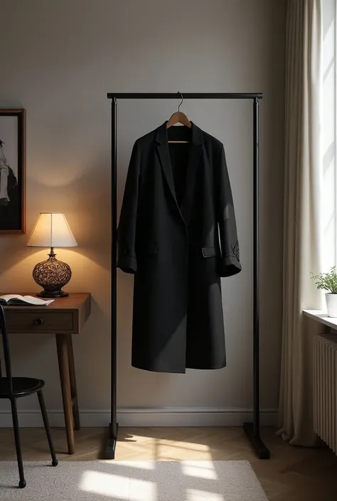 The studio has a wardrobe on the hanger in black, there is a desk and oampu on the left and right