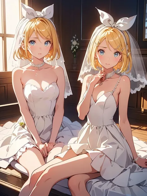 (Kagamine Rin:1.3)、（sitting:1.5）、(( Wedding Dress:1.5))、( flat chest:1.3)、( white panties to be covered:1.3)、 1 girl, Alone, colorful, Realistic Skin, Attractive eyes, (1:1.2), beautiful, cute, (Perfect Body 1.2), (Realistic Anatomy 1.2),  Japanese idol, (...