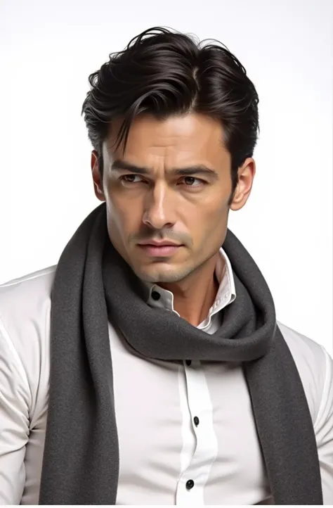 wearing the iconic lawyer costume. Fernando Colunga must be confident, wearing an elegant dark gray suit and white dress shirt. Clothing should have clean, professional lines and a subtle shine. Your posture should exude confidence and power. He has his ba...