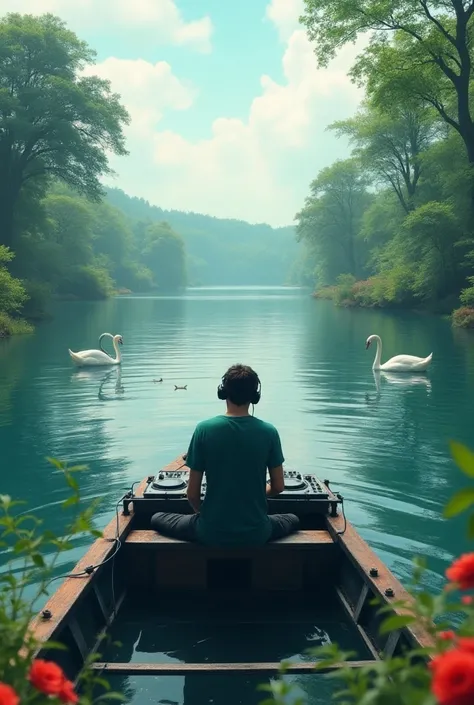 A landscape where a DJ is riding a boat mixing with his headphones in a forest with trees, flowers and a huge lake with sisnes all around him 
