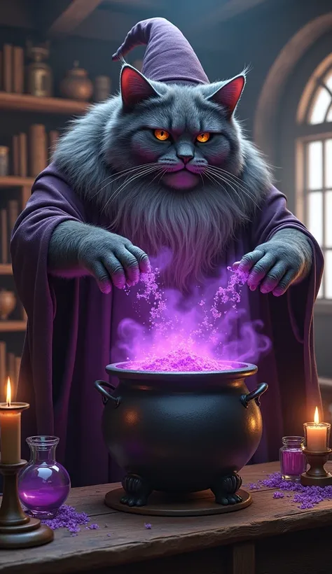 Create a realistic image of a fat cat wizard brewing a purple potion in a cauldron