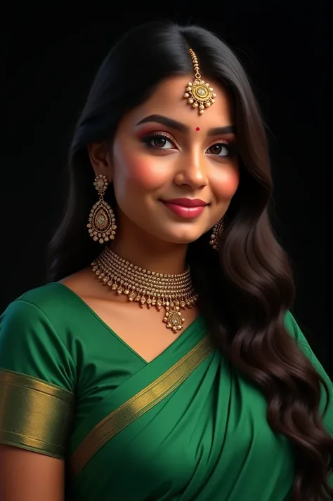 Image of a beautiful 25 years old chubby  fair indian girl with glowing long hair , beautiful eyes with Kajal, wearing Green beautiful saree with matching blouse and wearing jewels with silent smile in black background 